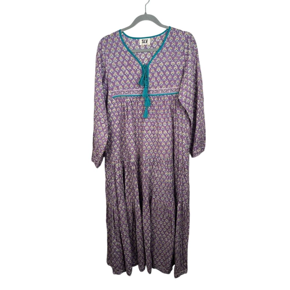 Sur La Vague Iris Caftan Dress Women 3 M/L Purple Indian Gauze Tiered Maxi EUC - Picture 2 of 9